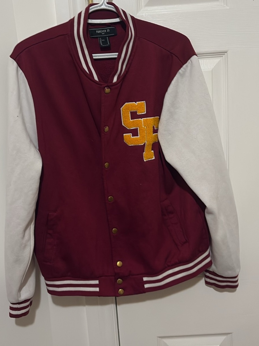 Forever 21 Maroon and White Varsity Letterman Jacket with Gold Patch